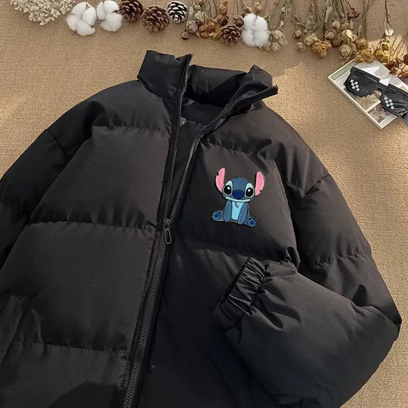 男性と女性のためのディズニーステッチ刺繍コットンジャケット,厚くて暖かい流行のコート,大学スタイル,用途の広いカップル,冬,新しい