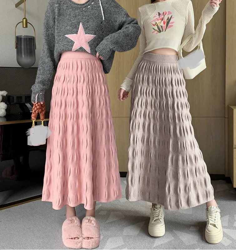 Knitted Bubble Half Skirt Korean Version Versatile High Waist Mid length Woolen A-line Skirt Autumn/Winter Swing Long Skirt