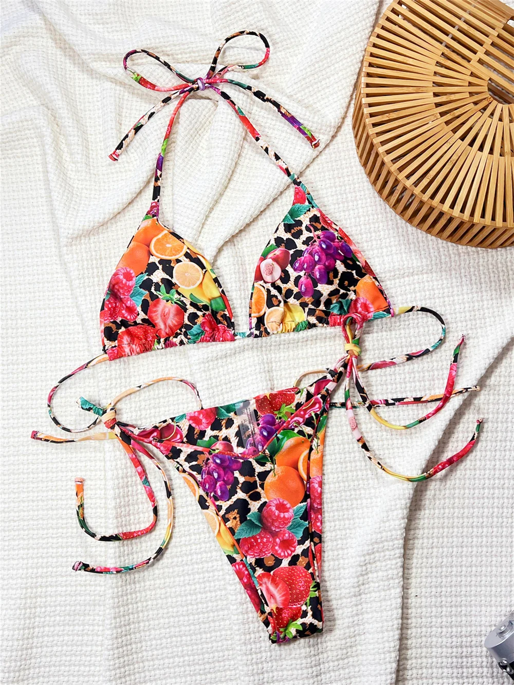Colorful Fruit Bikini Thong Micro String Backless Swimsuit Women Triangle Leopard Print Backless Vacation Swimwears Beach Outfit