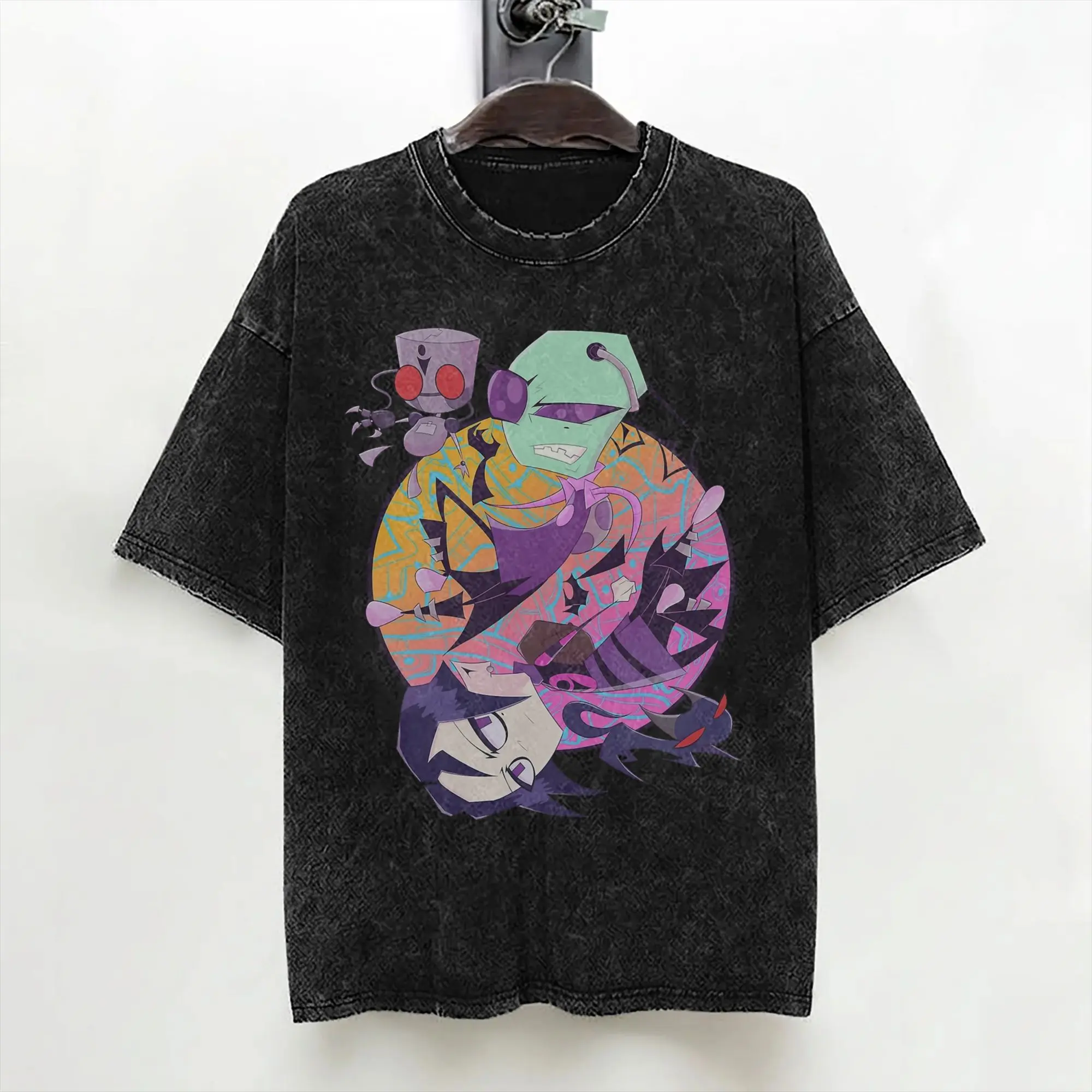 Cartoon Invaders Zim Gir Washed T Shirts Streetwear Vintage T-Shirt  Tees Tops Men Women Cotton Street Printed
