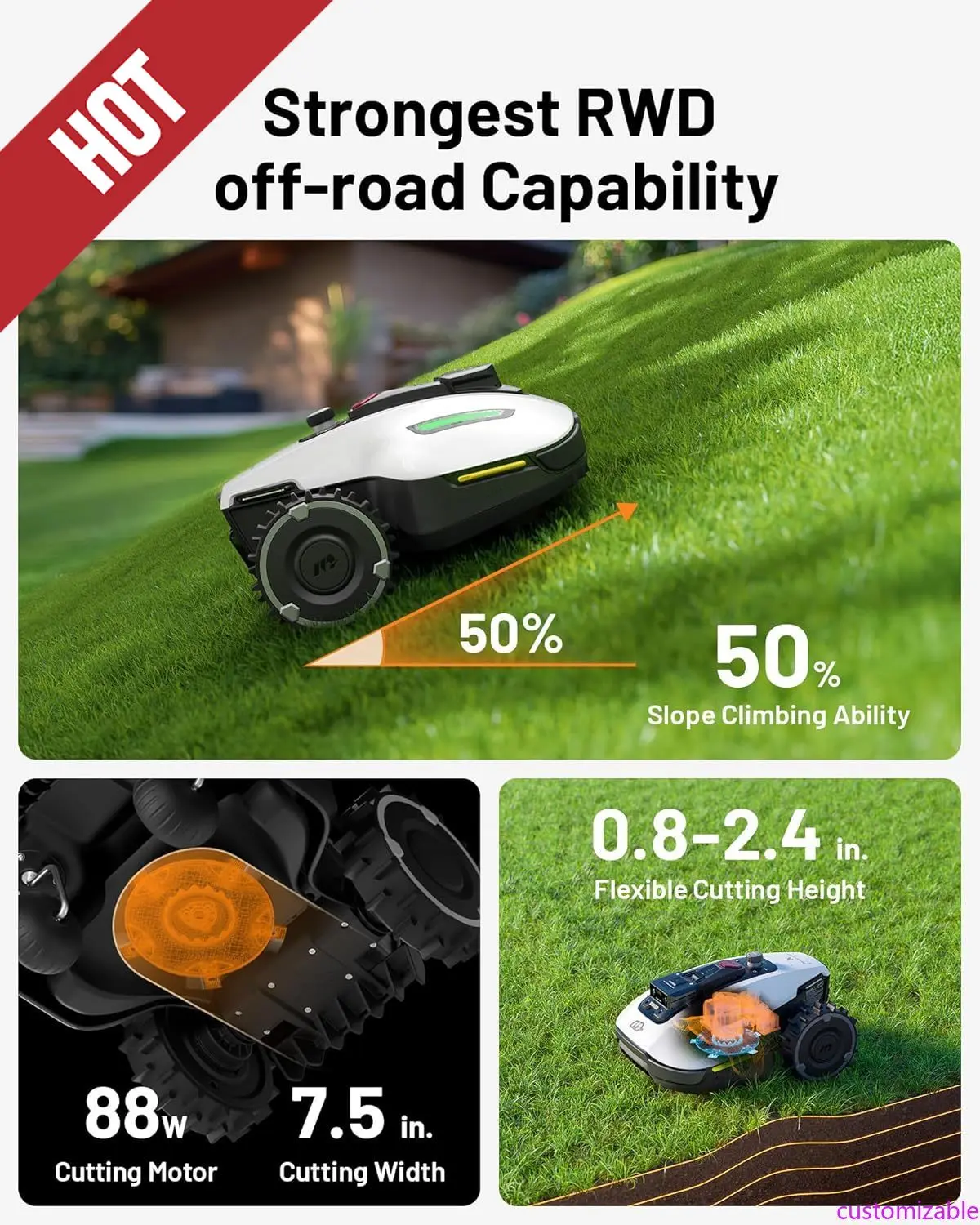 

Customizable Robotic Lawn Mower For 0.12 Acre,Ultrasense AI Vision+ RTK Positioning, Auto Mapping