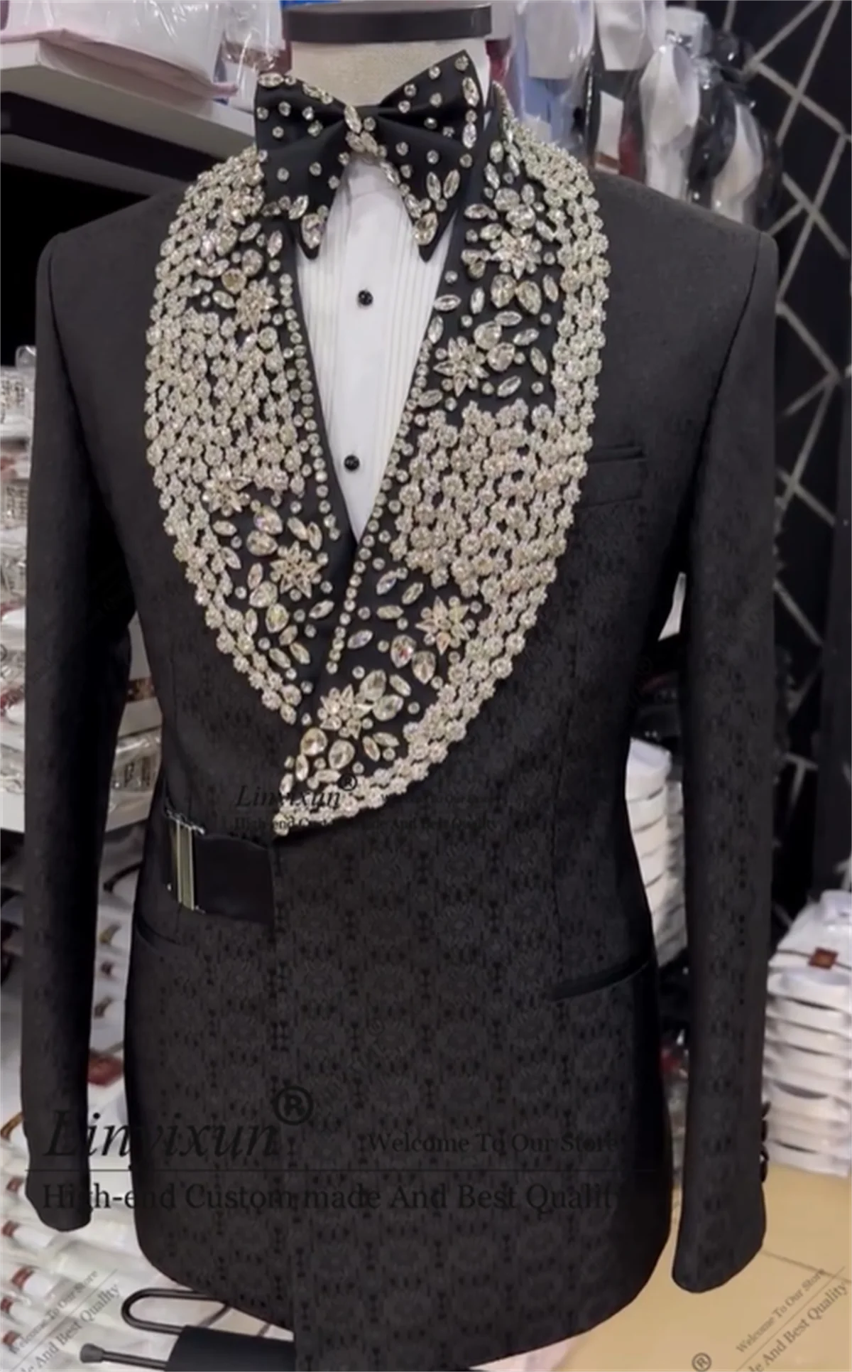 

Shiny Jacquard Men Suits 2 Pieces Set trajes de hombre Customized Male Prom Blazer Slim Beaded Crystal Groom Wedding Tuxedos