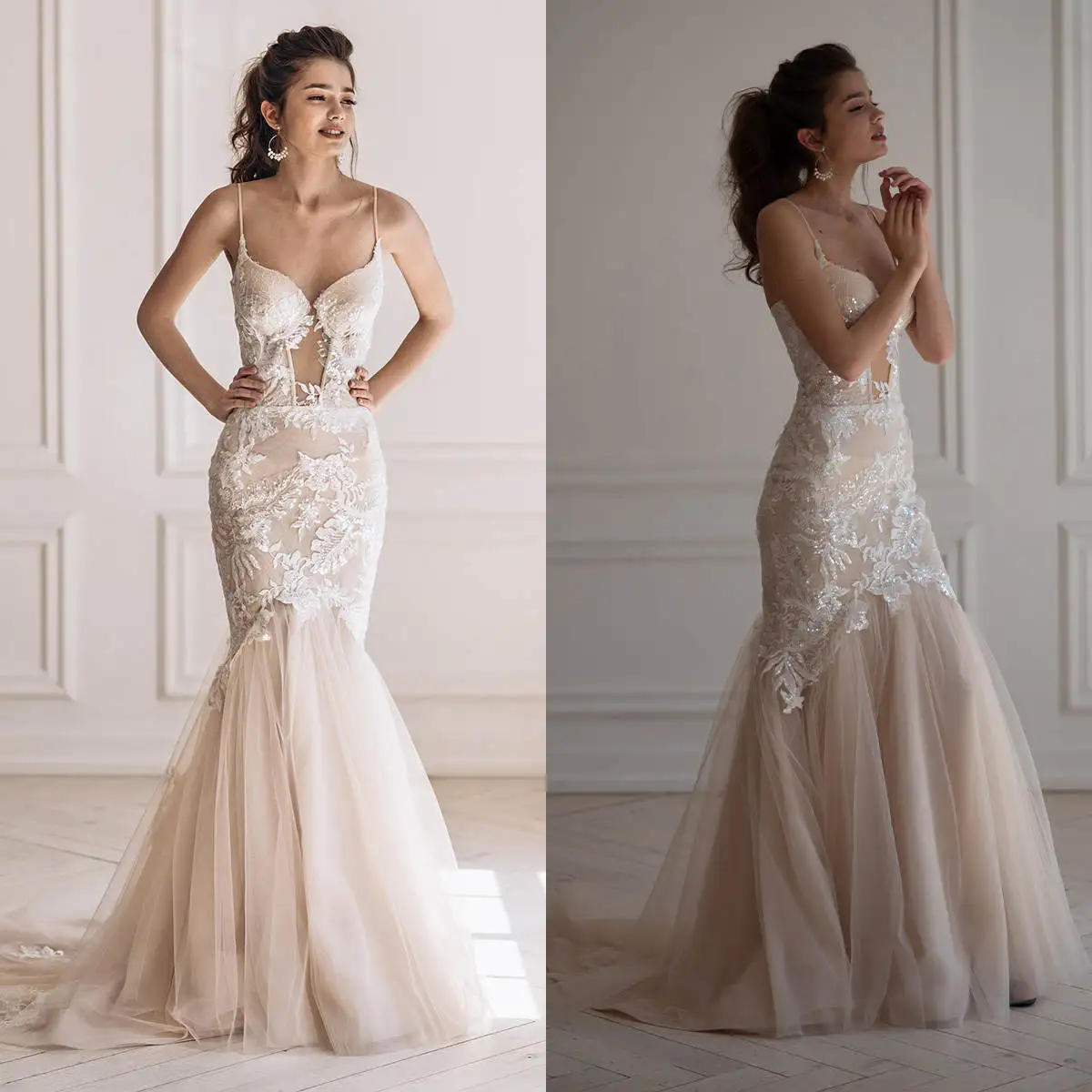 Luxury Mermaid Wedding Dresses For Women Sequins Appliques Bridal Gown Spaghetti Strap Sleeveless Dress Custom Made