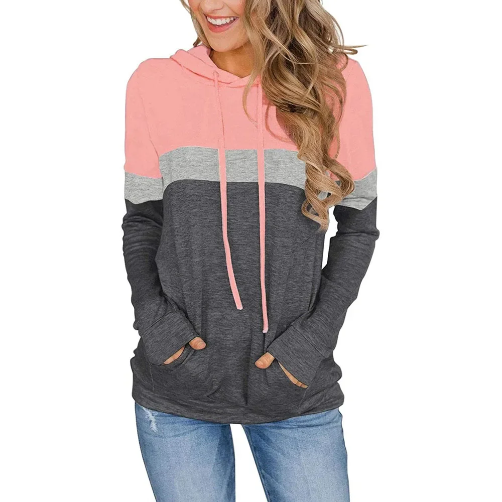 Damen lässig Color Block Hoodies Tops Langarm Kordel zug Pullover Sweatshirts mit Tasche (S-XXL)