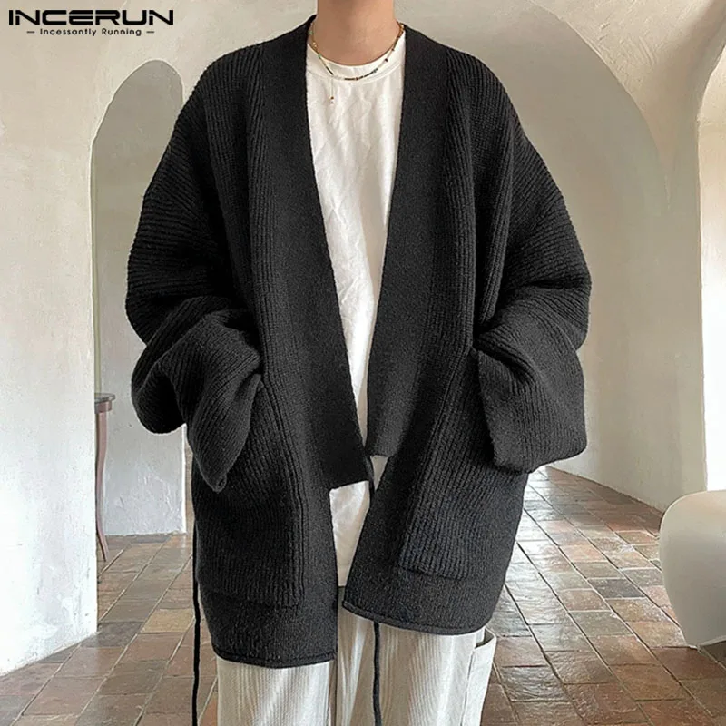 INCERUN الرجال سترة بالأزرار الصلبة طويلة الأكمام محبوك بالأزرار الدانتيل يصل جيب الشارع الشهير الذكور كيمونو فضفاض القمم S-5XL