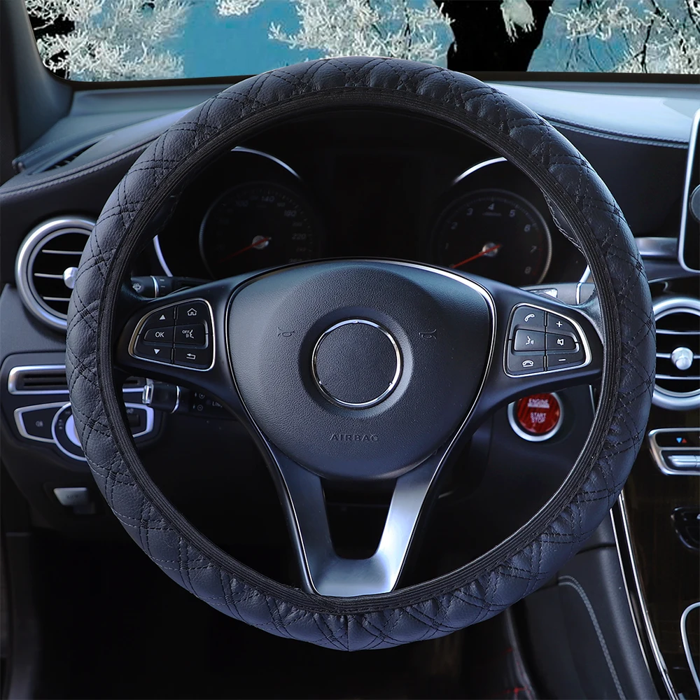 Check-Pattern Embroidered PU Leather Steering Wheel Cover 38CM Rimless Design Car Decoration for 14.5-15 Inches