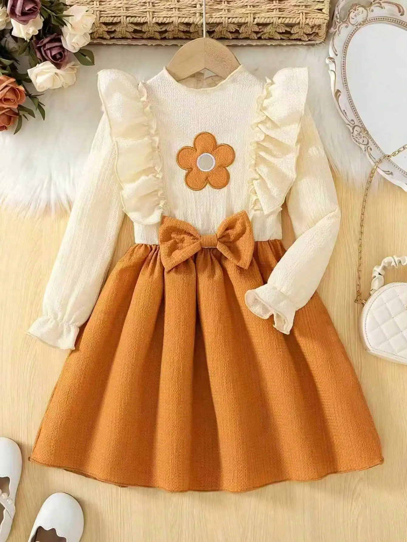 Children's Clothing Summer Fashion Elegant Long Sleeved Floral Waist Bow Decoration Ruffled Collar Dress Mid Length Skirt
