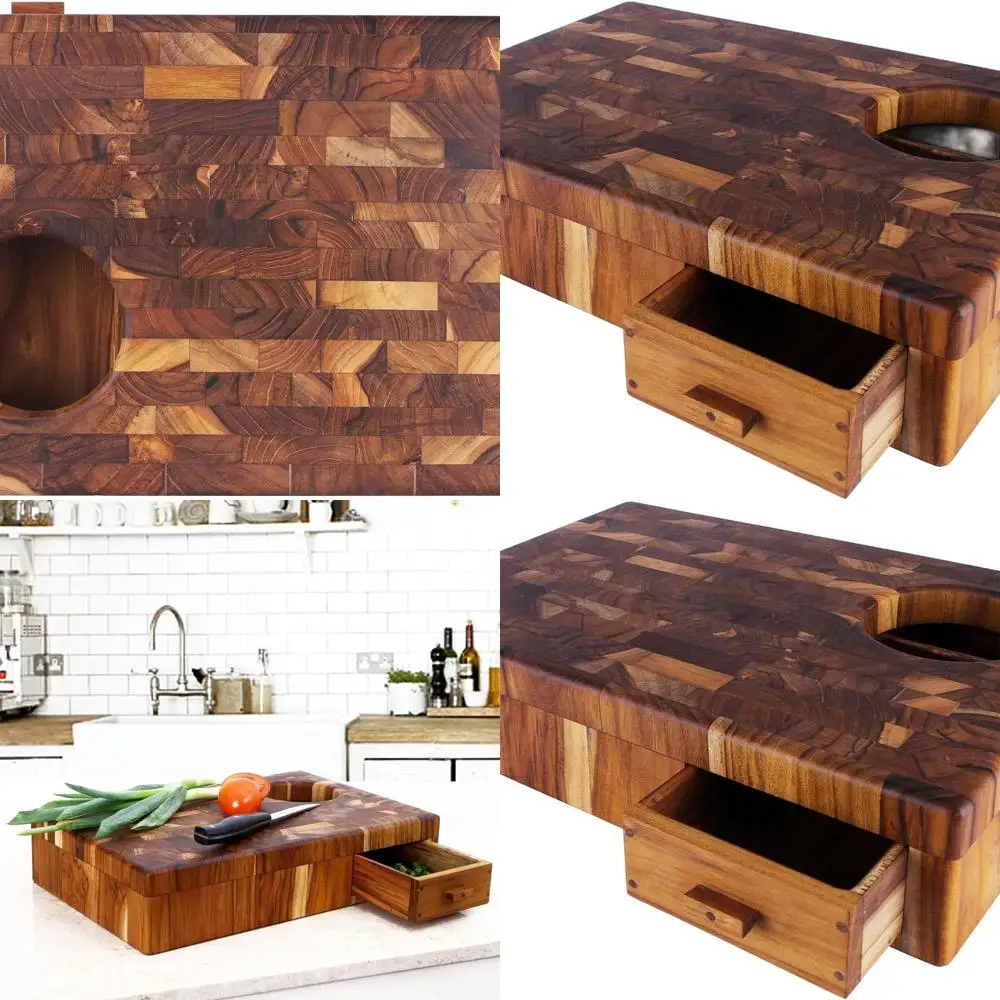 

Блок разделения конечного зерна из тикового дерева Дональда с мусорным баком, 17,75 x 11,75 x 4