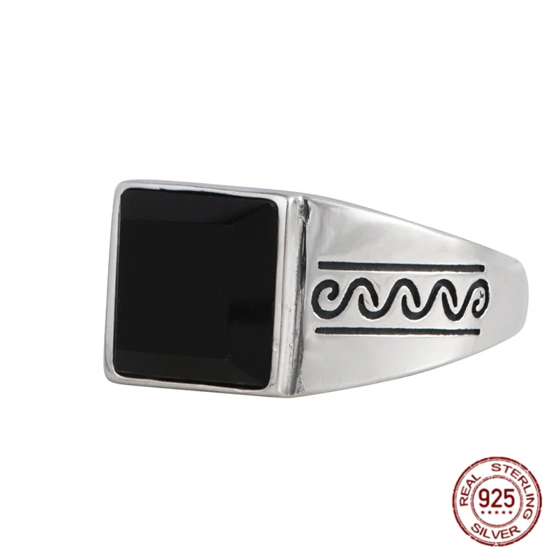 

Turkey Black Ring Genuine S925 Pure Silver Retro Personalized Set Square Agate Natural Stone Hollow Simple Men's Ring