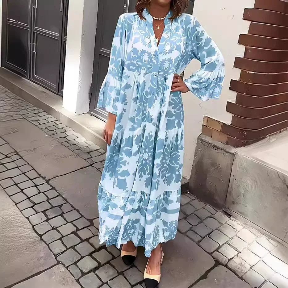 New Women's Fashionable Stand Up Collar Floral Print Flared Sleeves Long Dress Ladies Multi-color Printed Women's Casual Dress