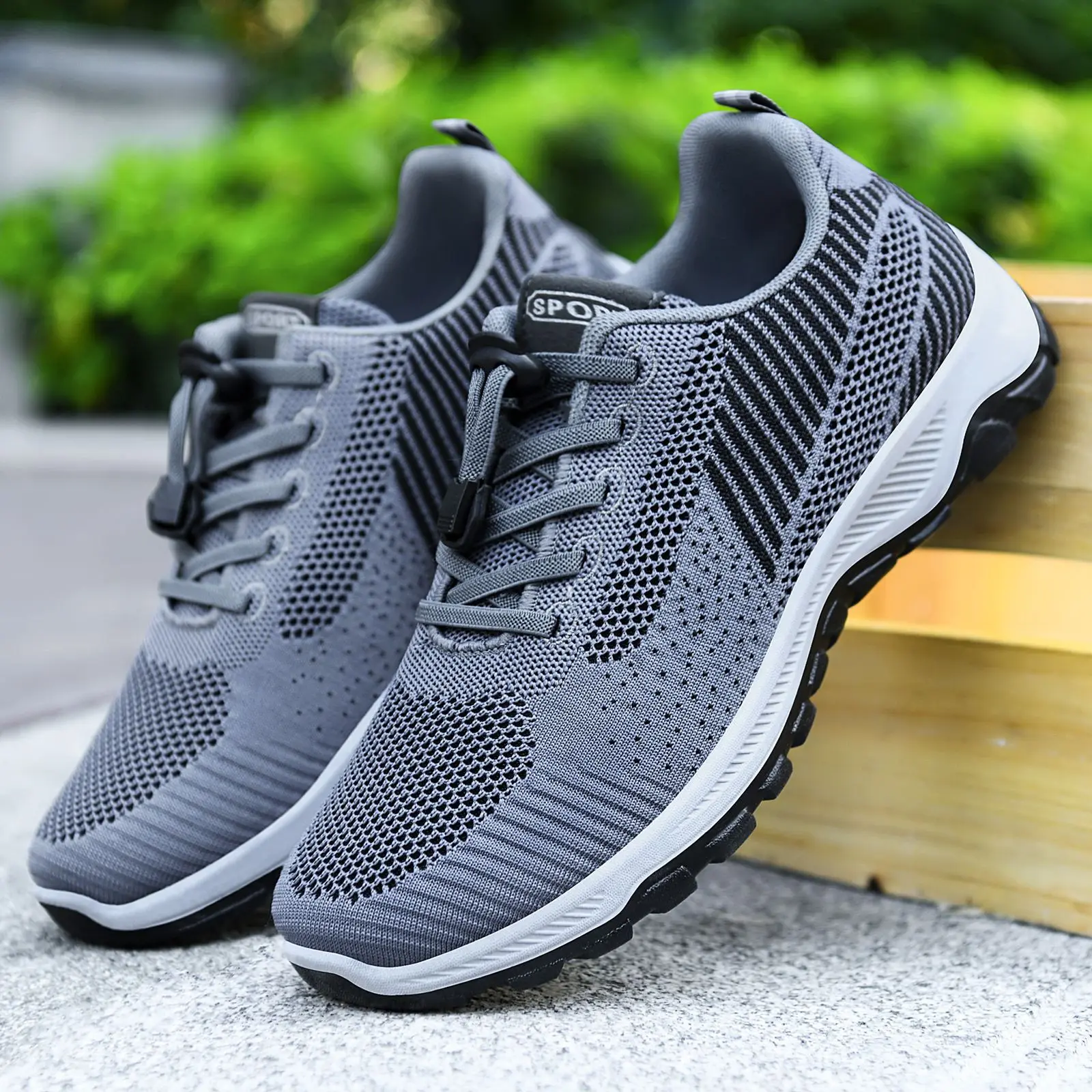 Men's Breathable Mesh Knit Running Shoes Trainers Elastic Quick Lace Non Slip Thick Sole Outdoor Walking Sports Sneakers