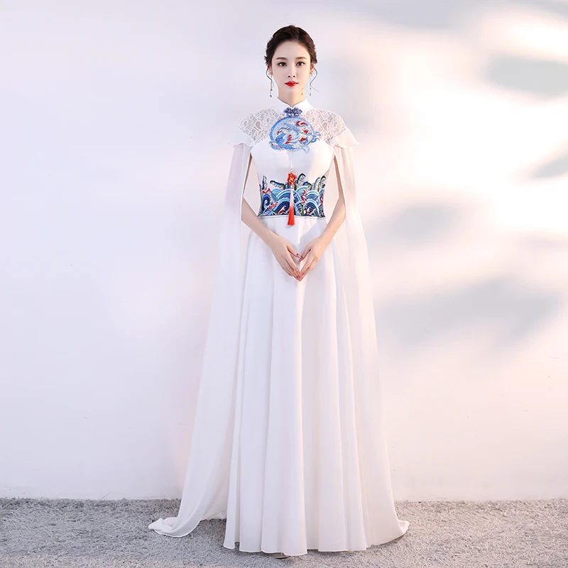 Chinese Cheongsam Women Stage Dress Summer With Clock White Show Party Vintage