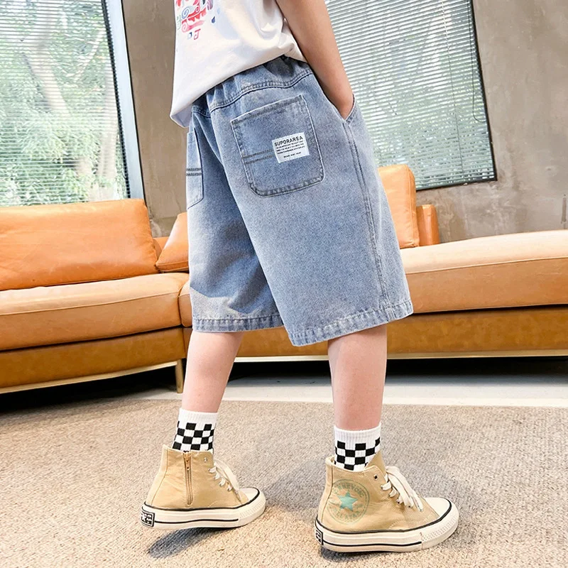 Teen Boys Denim Shorts 2026 New Summer Children Loose Wide Leg Knee Length Jean Pants Kid Casual Streetwear Elastic Waist Shorts view 2