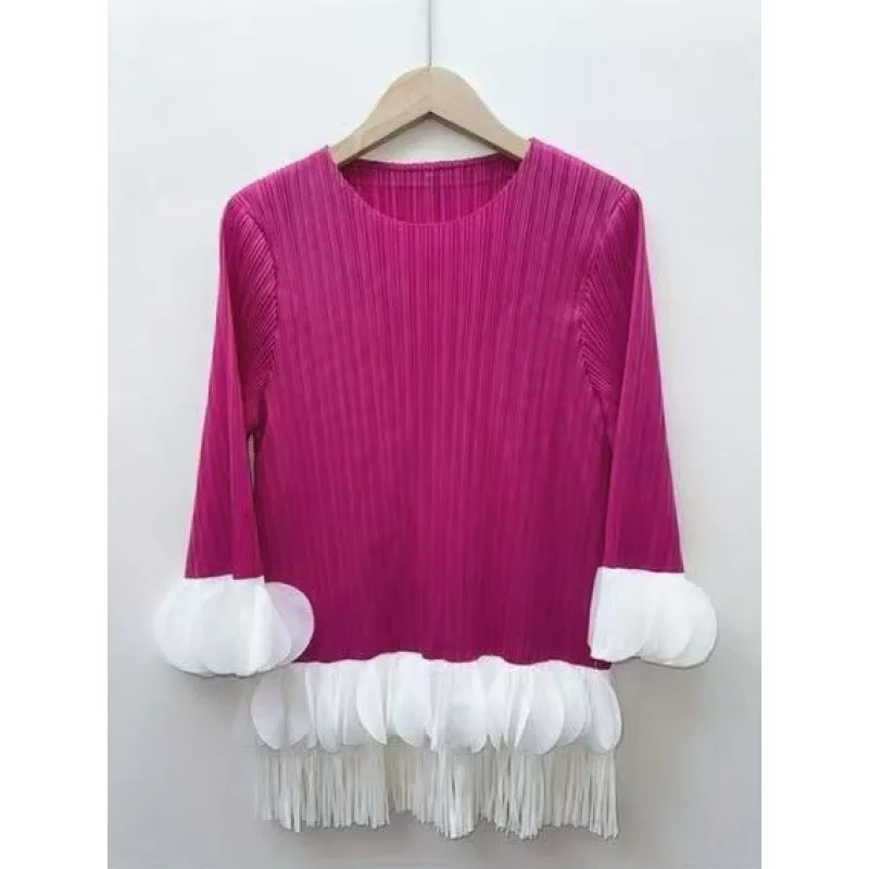 T-shirt coupe cintrée pour femme, avec motif de couleur plissée et bordure en dentelle, décoration 3D, haut à franges, Long, Sve Dr, automne