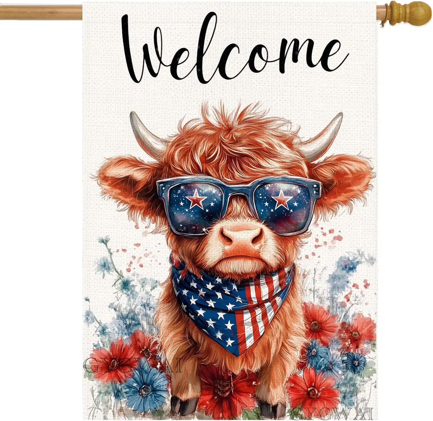 Patriotic Highland Cow House Flag 28x40 Inch Double Sided, 4th of July Summer Floral Welcome Yard Flag Farmhouse Holiday Out kkz