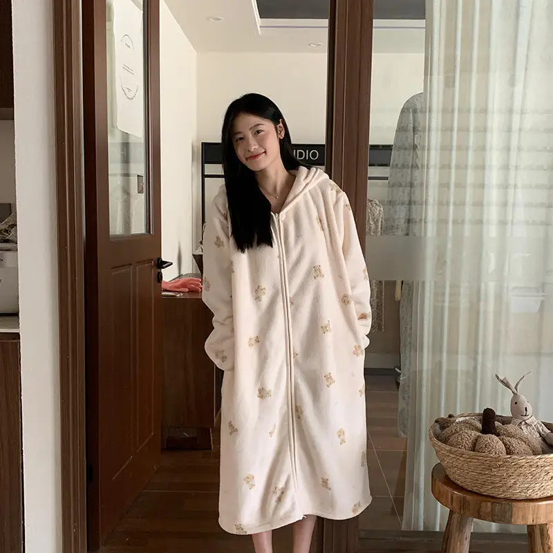 

Утолщенный халат, халат, пижама, ночная рубашка, женская осенне-зимняя женская домашняя одежда с капюшоном, длинная теплая верхняя одежда из кораллового флиса с карманами