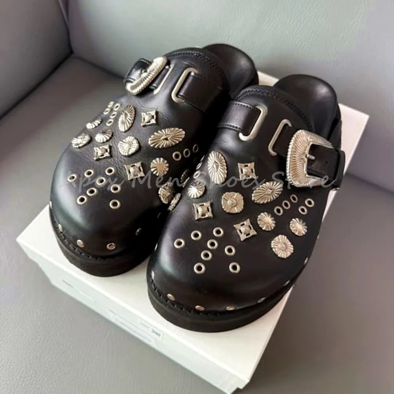 

Men's Round Toe Leather Mules Clogs Embellished Metal Studs Buckles Slippers Hollow-Out Anti Slip Platform Fashion Slide Shoes
