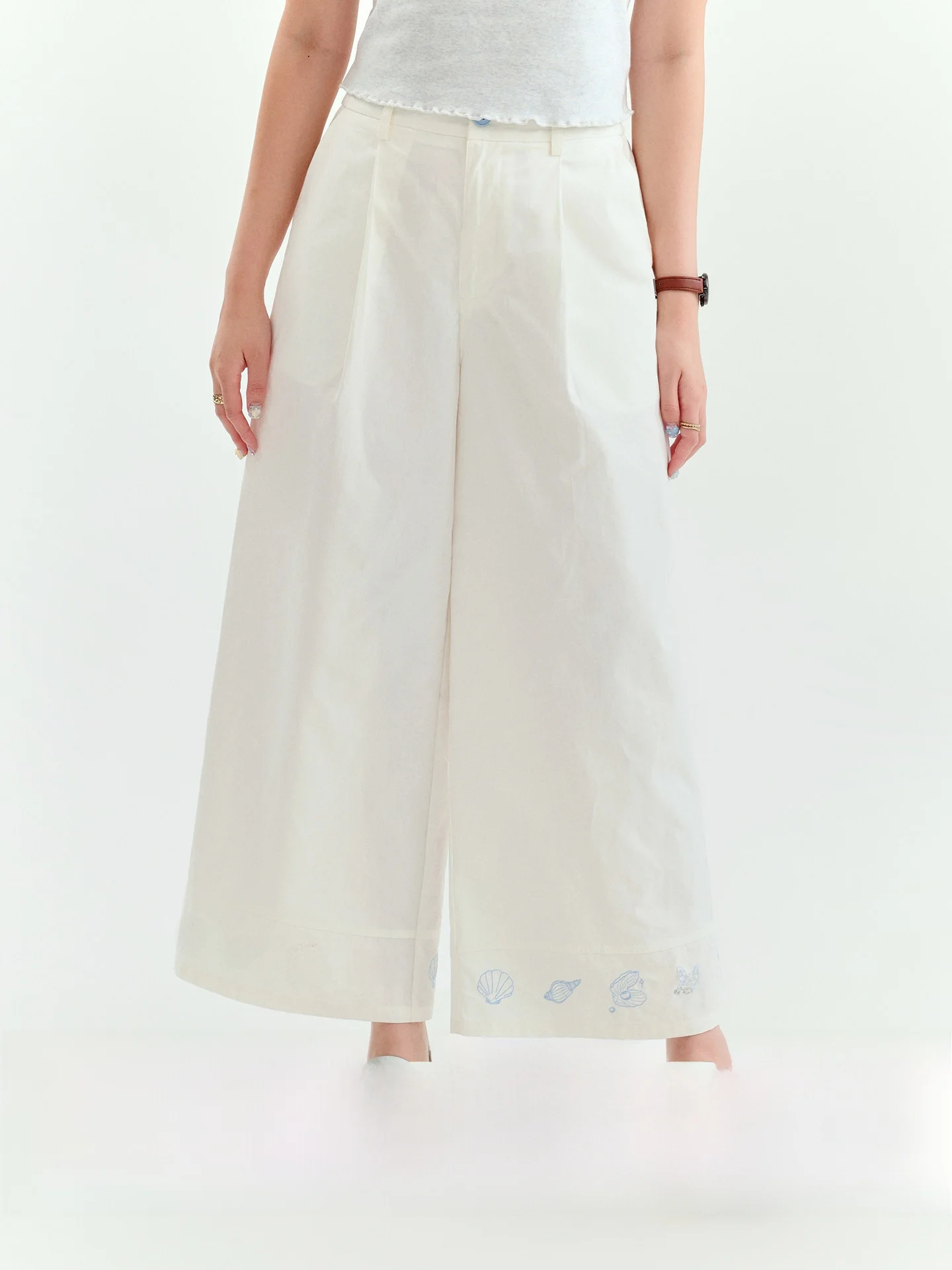North Island AMUU Original  Embroidery Cotton Linen Casual Pants Women Summer New Korean Style Wide Leg Nine Points