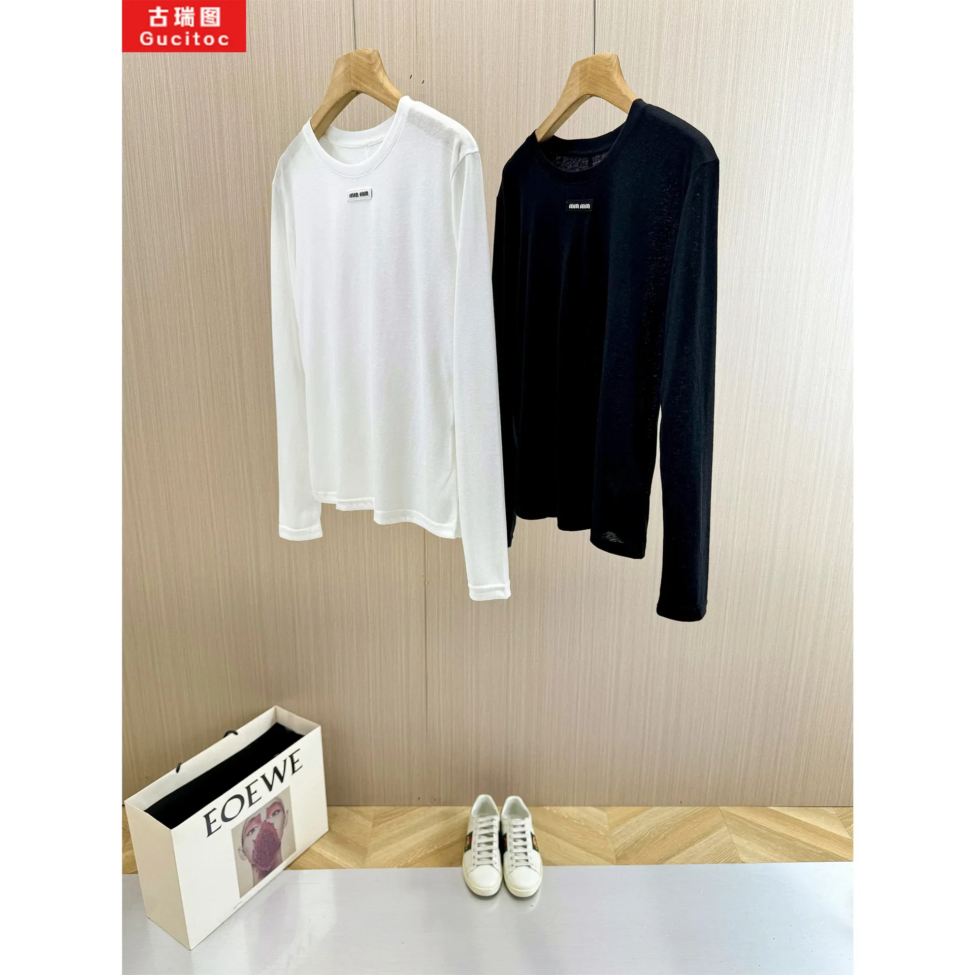 Camiseta de manga larga con retazos de letras para mujer, camisa básica ligera de algodón con cuello redondo, modelo fino, recién llegado de Shenzhen