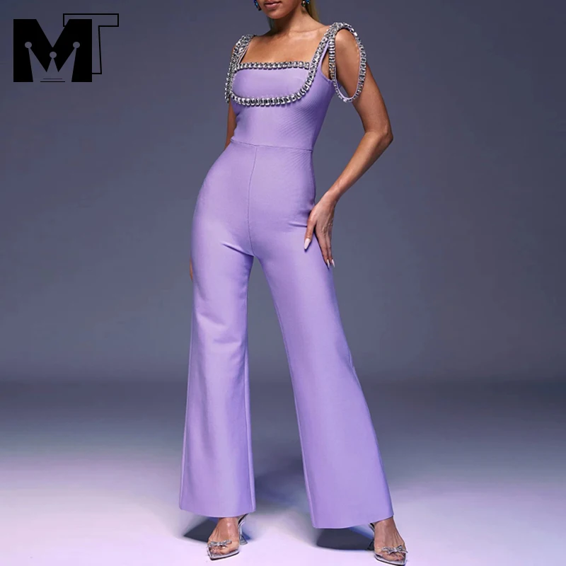 MT jumpsuit women 2024 for luxury women mono Bandage para fiesta y Club de celebridades Purple shiny jumpsuit with rhinestones