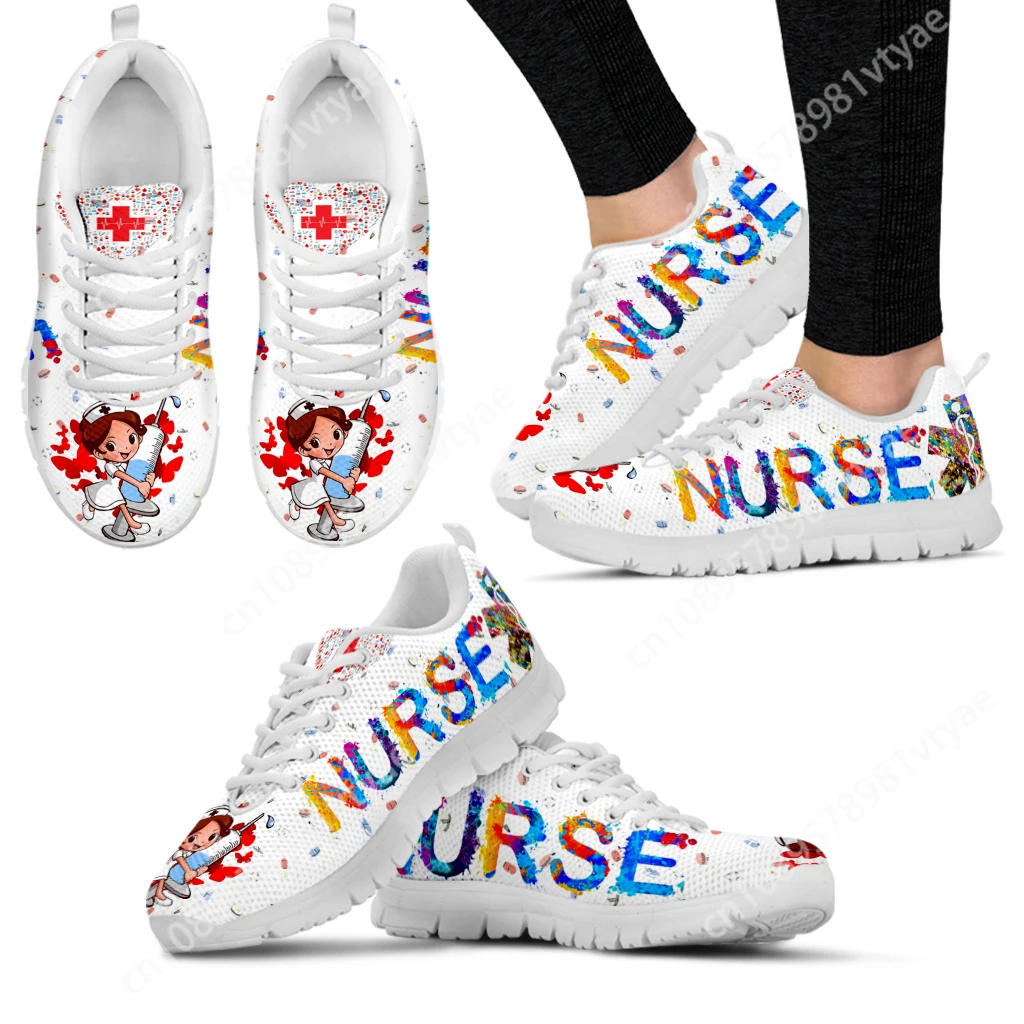 Custom Made Cute Hospital Cartoon Nurse Girls Pattern Sneakers Shoes for Women Breathable Lace up Flat Shoes Comfort Zapatillas