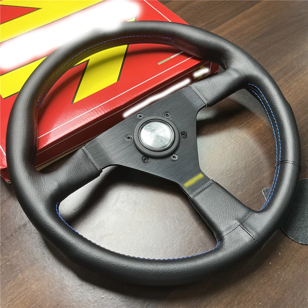 1 Unit for MOMO Steering Wheel  with Blue Stitching Real Leather Monte Carlo 350MM 70MM X 6 Car Steering Wheel Yellow New Model