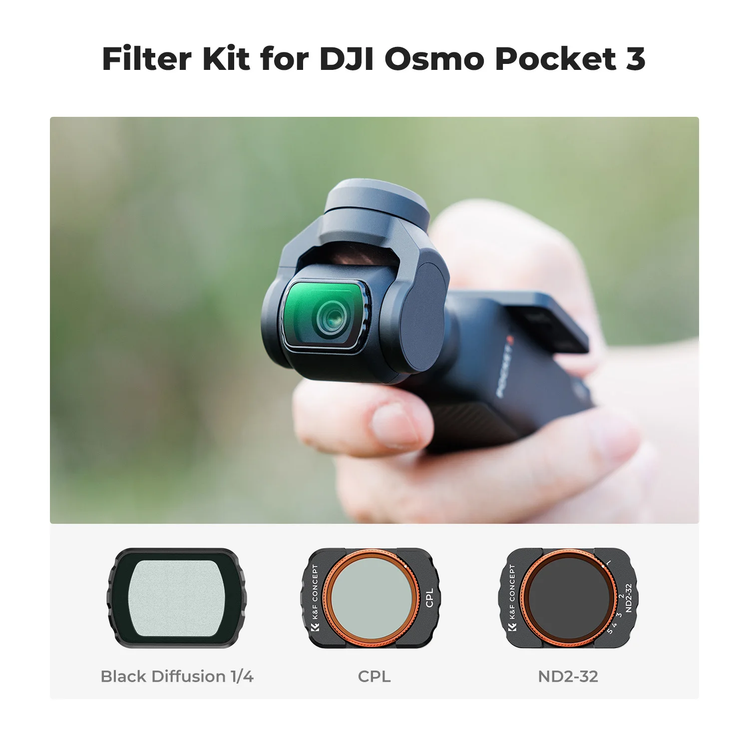 K&F Concept Drone Filter CPL+Black Diffusion 1/4+ND2-32 3Pcs Filter Kit For DJI Osom Pocket 3 Black Mist