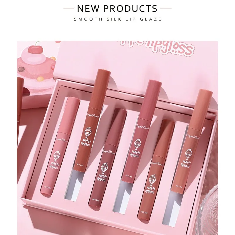 Dragon Ranee Lip Glaze 6 szt. Aksamitny matowy mini zestaw balsamów do ust Wysoce pigmentowana, długotrwała wodoodporna, odporna na pot szminka Rude