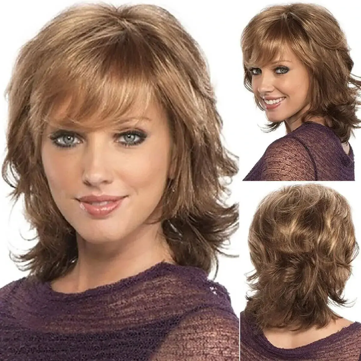 Light Brown Medium Hairstyles Women's Natural Wavy 100% Human Hair 12 Inch Wigs