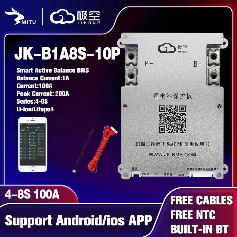 Jk Bms B1A8S10P 4S 5S 6S 7S 8S 100A 200A 12V 24V 36V 48V 60V 72V  Active Balance Smart Bluetooth Lifepo4 Li-Ion Lto Battery