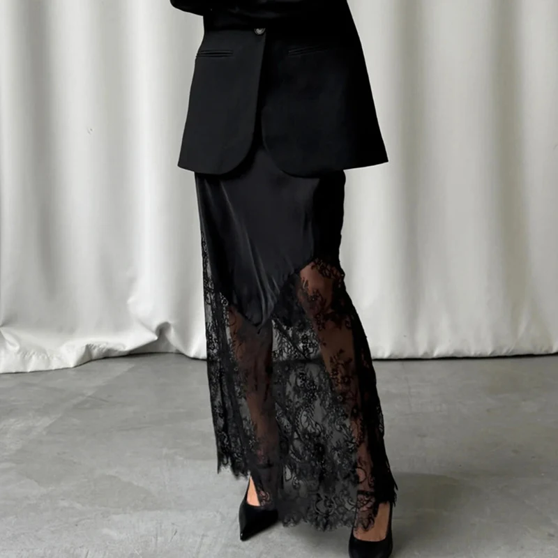 Ticketsx Lace Patchwork Skirt Women's See Through Casual High Waist Ankle Length Skirts Female Fashion Elegant Classic Skirts