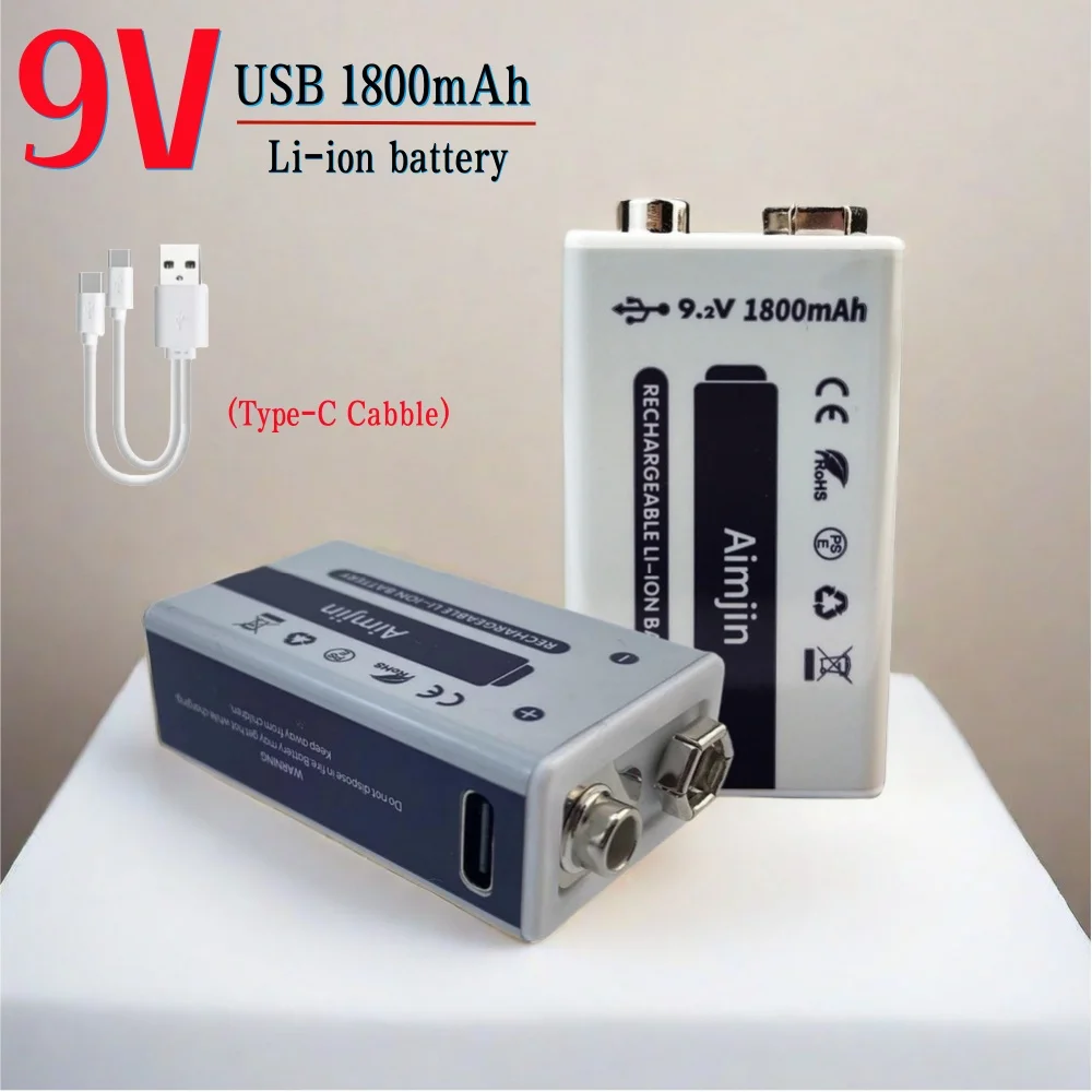 1800mAh Type-C USB 9 Volt li-ion Rechargeable Battery 6F22 9V Li ion Lithium Battery for RC Helicopter Model Microphone