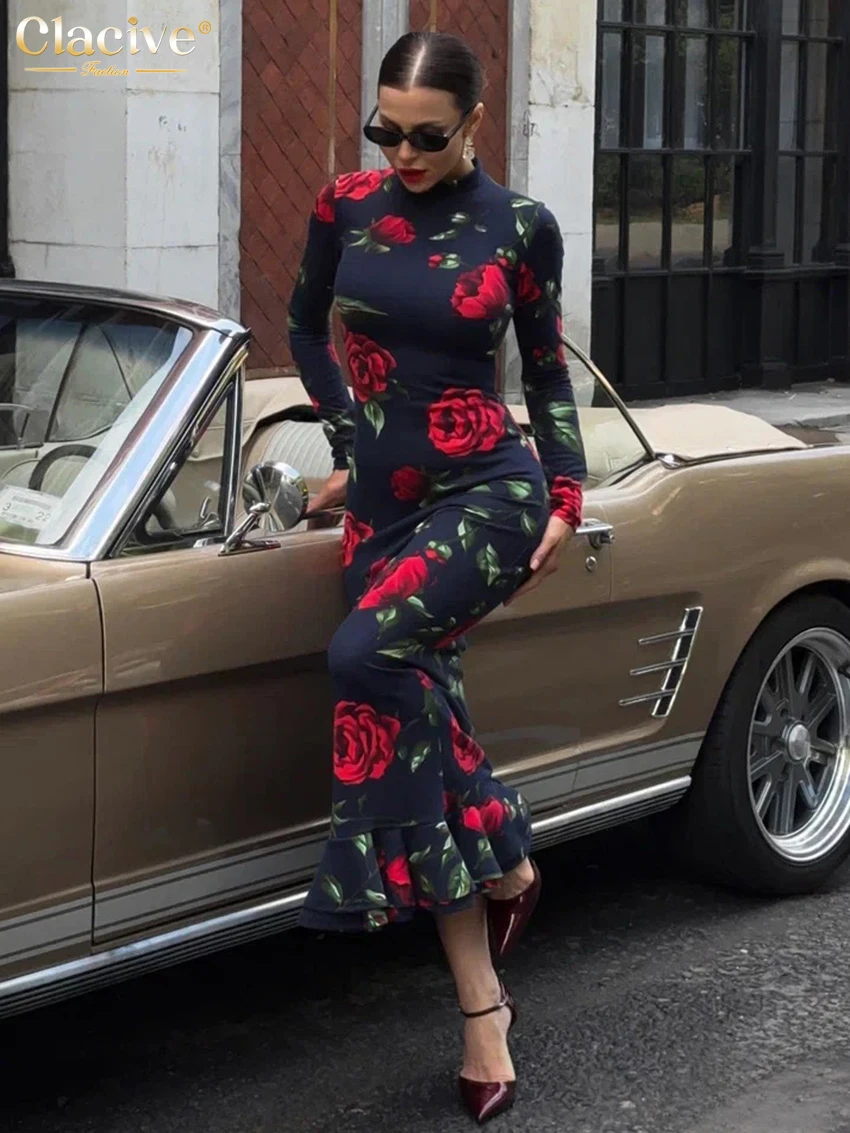

Clacive Fashion Loose Print Women Dress 2026 Bodycon Stand Collar Long Sleeve Ankle Length Dresses Elegant Classic Female Dress