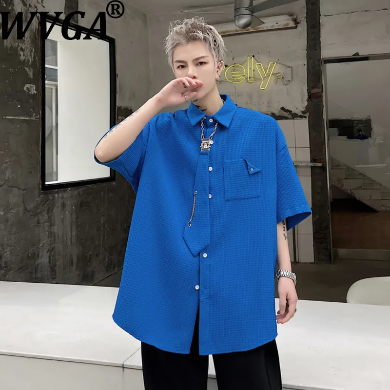 

WVGA Summer New Men Tide Solid Color Detachable Tie Trendy Short Sleeve Shirt Niche Chic Casual Turn-Down Collar Tops Ins W19612