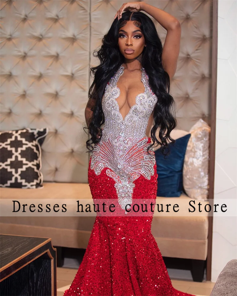 Red Sequined Mermaid Long Prom Dresses 2026 For Black Girls Rhinestones Crystals Birthday Party Gowns Evening Dresses Customized