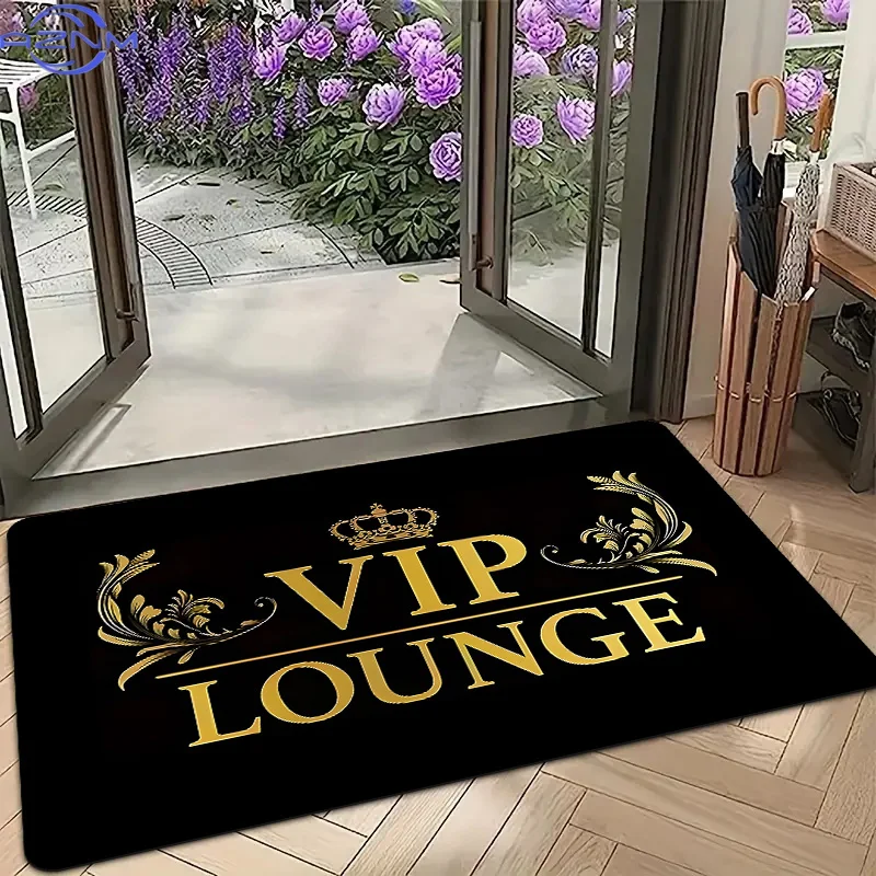 1pc Entrance Floor Mat, Light Luxury Black Golden Vip Room Alphabet Elements Pattern Printed Floor Mat, Flannel Soft Material, f