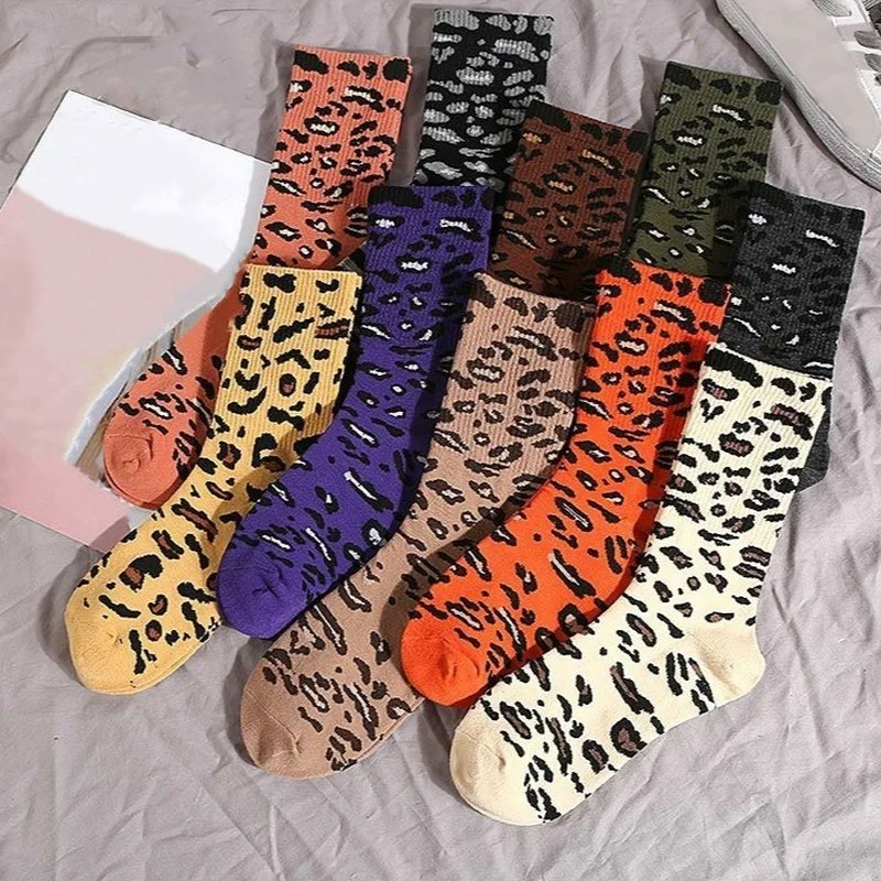 1Pair Men and Women Middle Tube Couple Socks Personality Leopard Print Cotton Socks Hip Hop European and American Trendy Socks