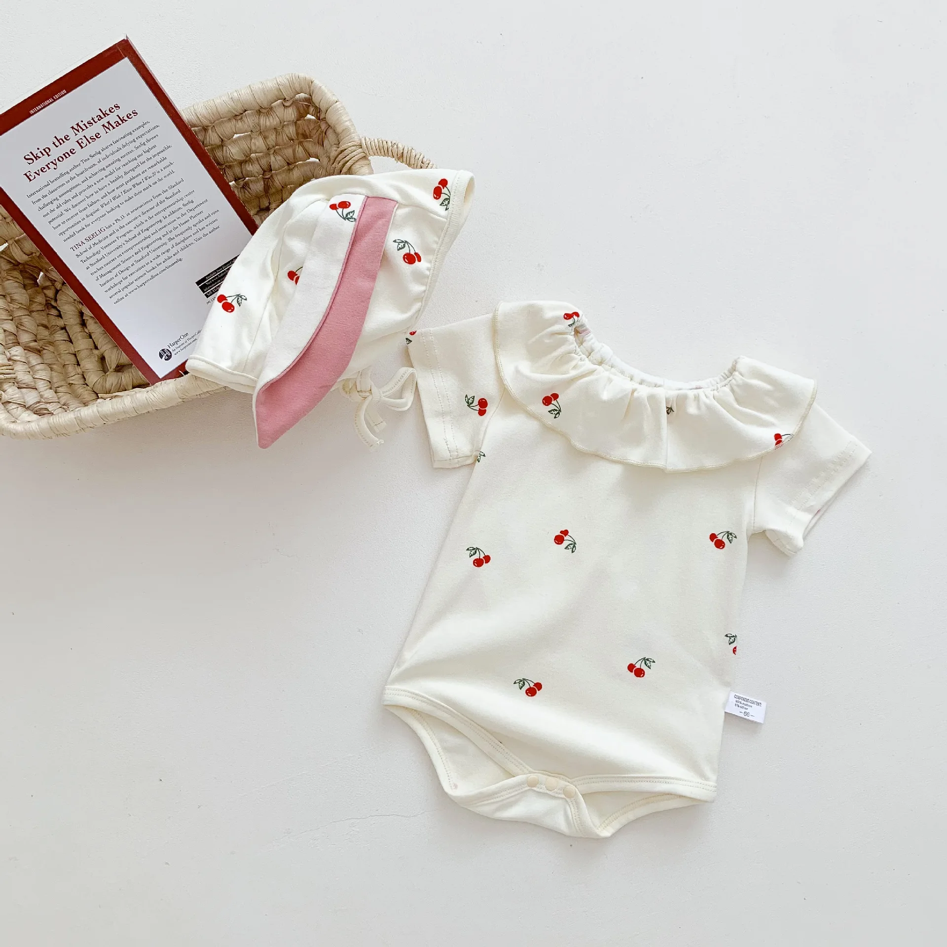 2023 New In Summer Infant Newborn Girls Short Sleeve Cherry Print Outfits Jumpsuits Kids Baby Cotton Clothing Bodysuits Gift Hat