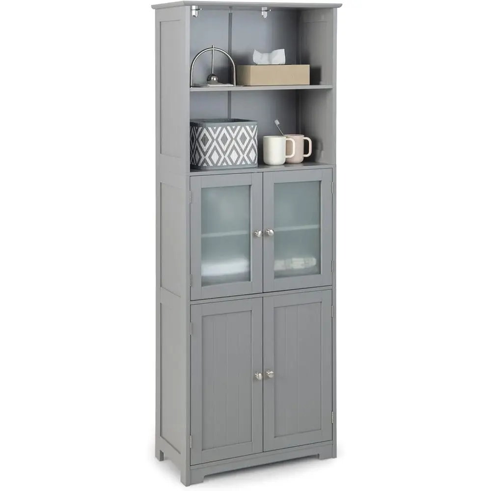 

Tall Bathroom Storage Cabinet, reestanding loor Cabinet w/2 Glass Do& 2 Open Shelves, 3-Position Adjustable Shelves, Anti-toppli