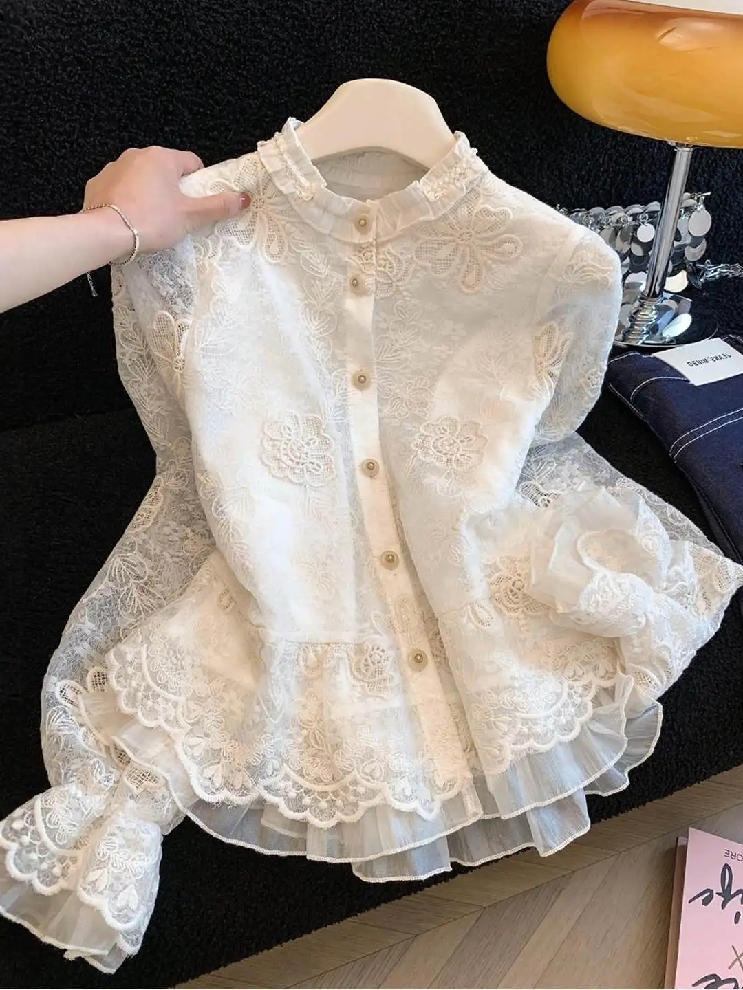 

Retro Lace Embroidery Long Sleeve Shirt Women's Spring Autumn Heavy Work Wood Ear Splicing Flared Sleeve Top Commute Style