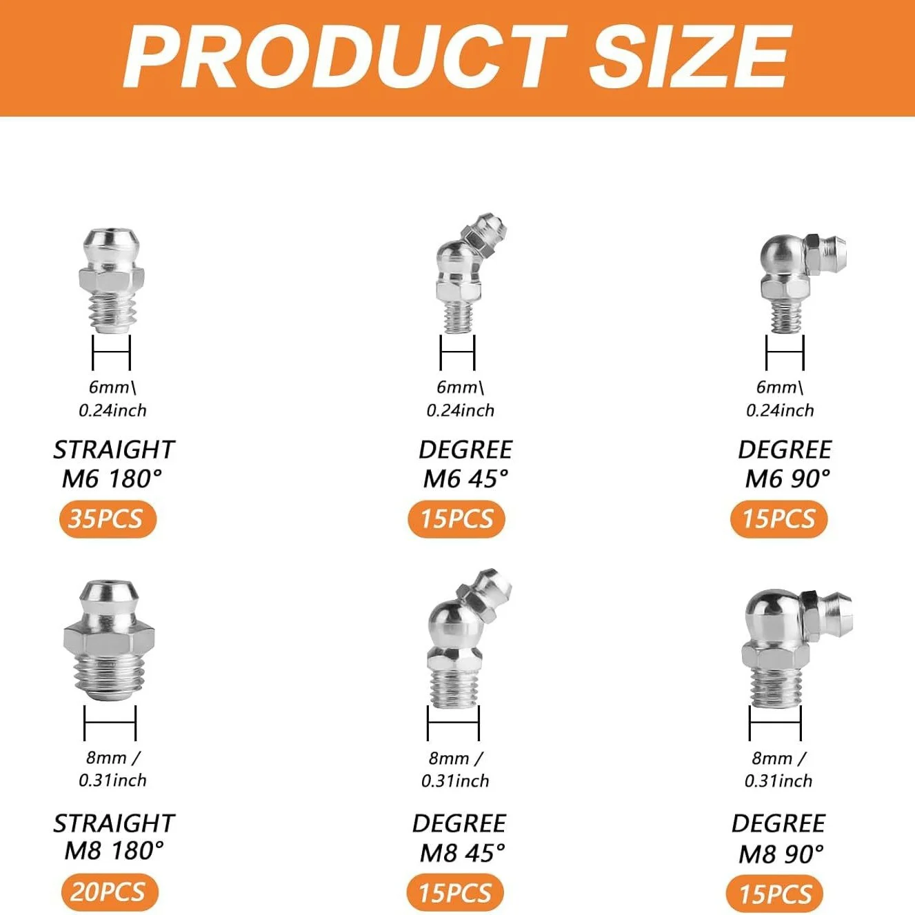 60-115Pc Grease Fittings Kit M6 M8 M10 Straight 45 90 180 Degree Metric Fittings Nipples kit Galvanized Steel Grease Zerk Kit