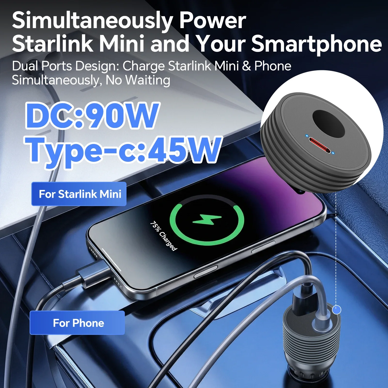 For Starlink Mini 2-in-1 Car Charger Cigarette Lighter Adapter Type C 12V-24V 90W DC30V-3A Car Adapter Auto Accessories