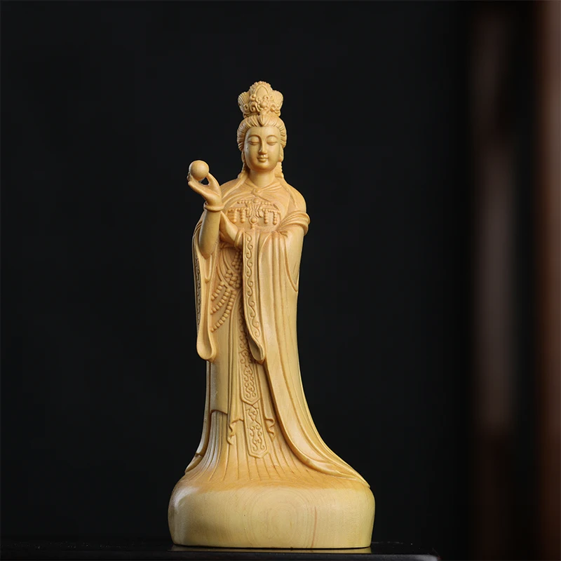 Boxwood 12cm Mazu Sculpture Wood Carving Sea Goddess Statue Figure Buddha Worship Feng Shui Ma Zu Home Decor