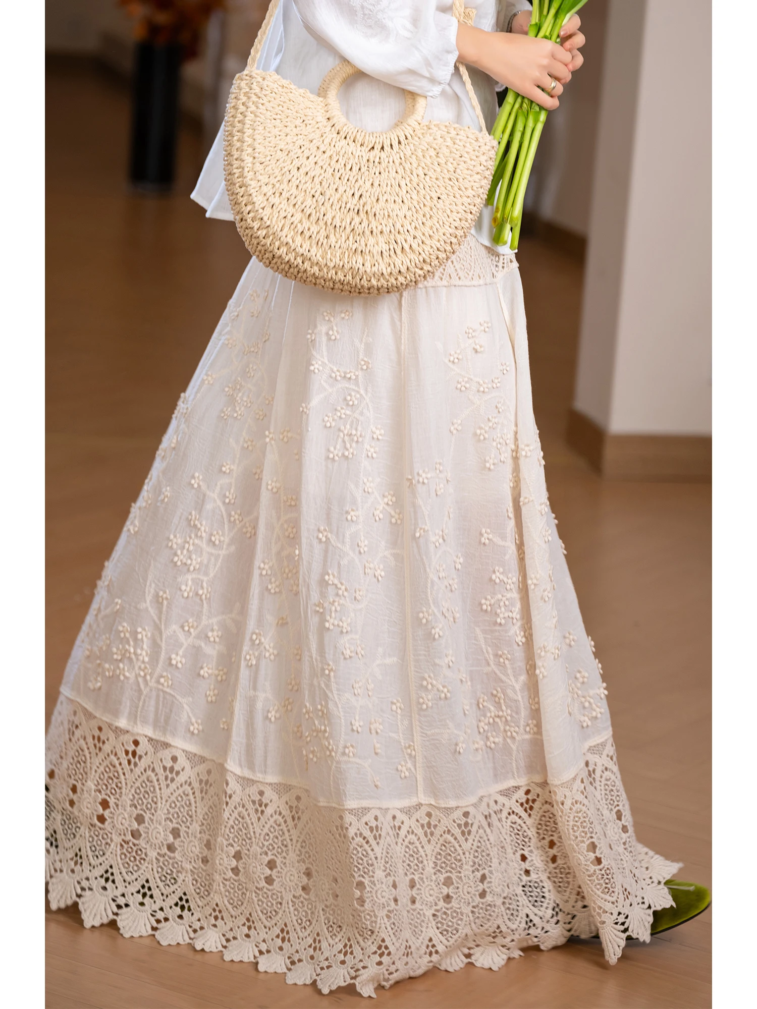 

Romantic French Style Heavy Embroidery Long Skirt 100% Cotton Loose A-Line Half Body Lace Patchwork High Waist Spring Ladies