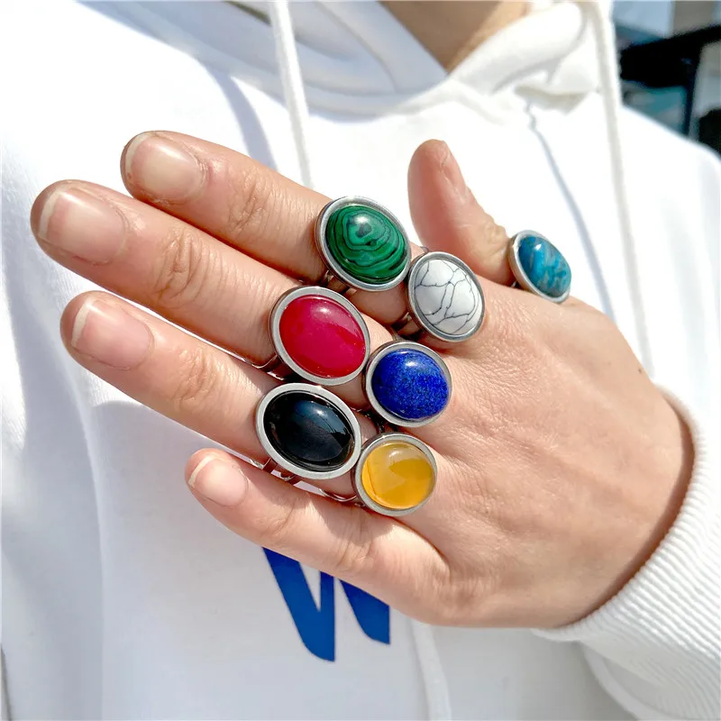 Vntage Gem Rings Men Fashion Agates Stone Howlites Rings Resizable Silver Color Finger Rings for Women Jewelry Partry Gift