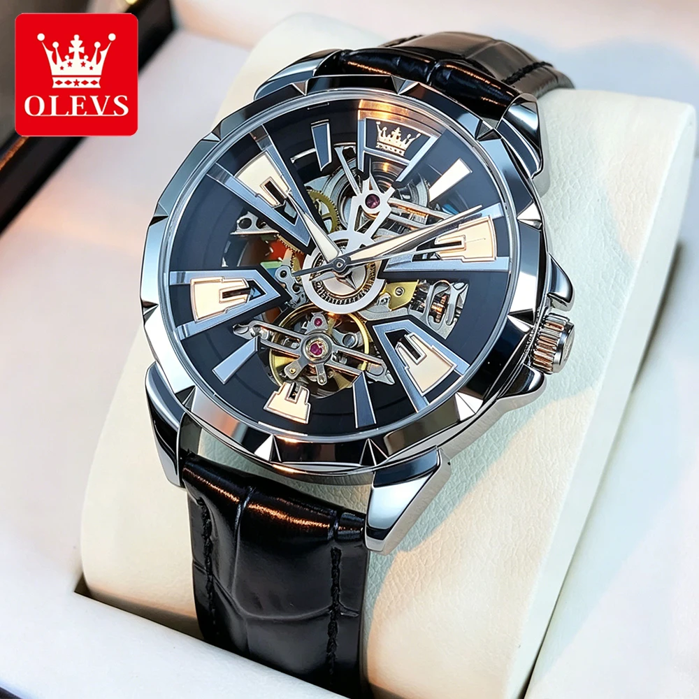 

OLEVS Men's Watches Sport Fashion Leather Strap Original Automatic Mechanical Hollow Out Flywheel Movement Waterproof Luminous