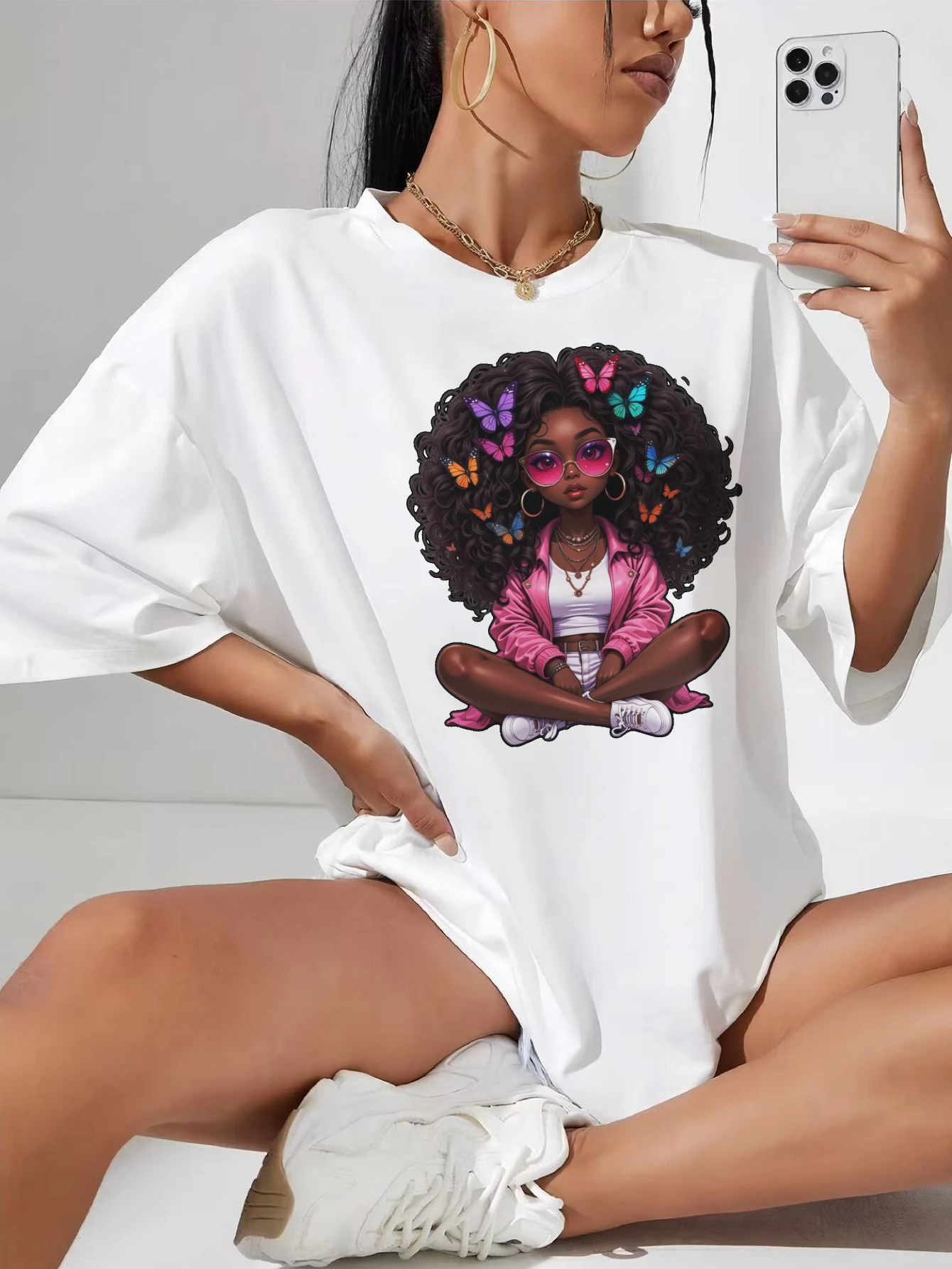 

Black Girl Afro Kids Clipart Women’s Plus Size White Round Neck T-Shirt Soft Autumn Clothing Comfortable Halloween Top Cozy