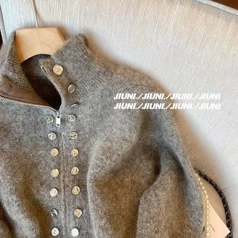 Korejpaa Koran Style Zipper Cardigans 2024 Autumn Winter Vintage Clothes Slimming Gray Sweater Double Buttons Long Sleeve Top