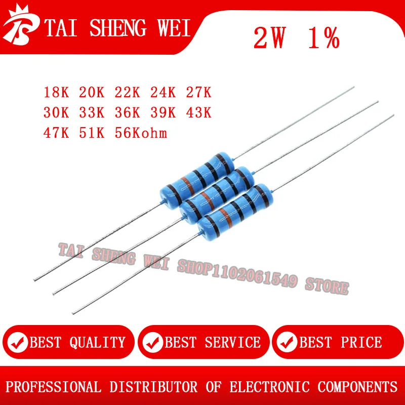 20pcs 2W Metal film resistor resistance 1% 18K ohm 20K ohm 22K 24Kohm 27K 30Kohm 33K 36Kohm 39K ohm 43Kohm 47Kohm 51Kohm 56K ohm