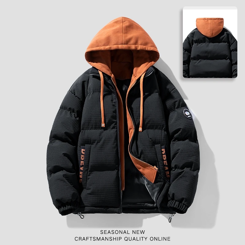 Casaco com capuz de duas peças falso masculino, jaqueta de algodão acolchoada, streetwear, grosso, quente, moda vintage, parkas, marca, inverno